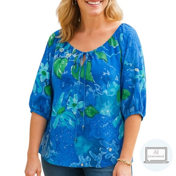 Lauren Ralph Lauren Tops - Lauren Ralph Lauren Womens SIlk Blouse Top Puff Sleeve Blue Green Floral Size L